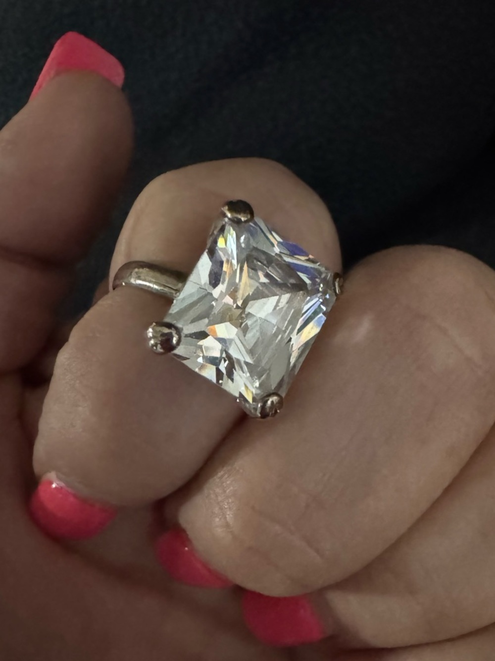 Silver Cocktail Ring with Large Clear Stone - Women's Fashion Jewelry size 6.5